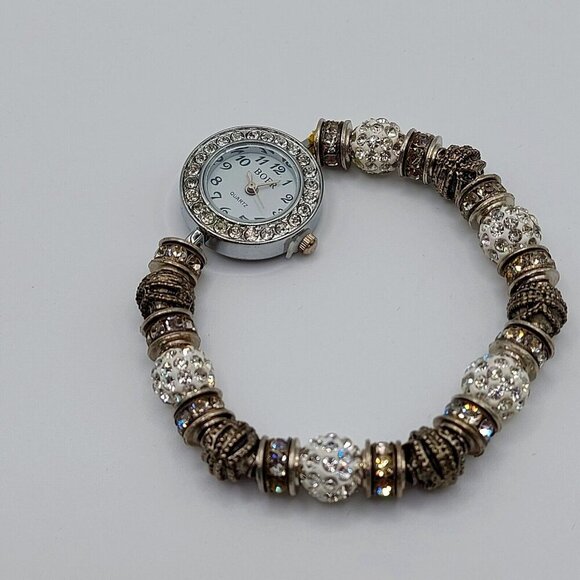 BOER Fancy silver tone Rhinestone encruset bracelet estate quartz timepiece - Picture 1 of 7
